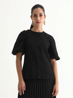 RAREISM - Women Nuten Black Half Sleeve Round Neck Button Closure Plain Top