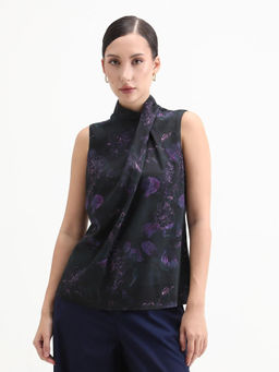 RAREISM - Women Nutro Black Sleeveless High Neck Button Closure Floral Print Top