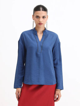 RAREISM - Women Nuzif Blue Mandarin Collar Pull On Closure Plain Top