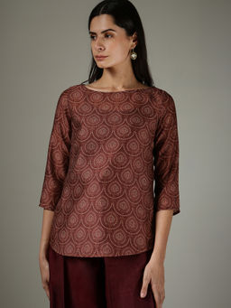 FableStreet - Boat-Neck Motif Top - Maroon