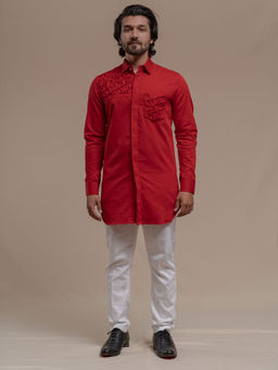 Runit Gupta - Red Smocking Short Kurta-tuxedo Shirt (Set of 2)