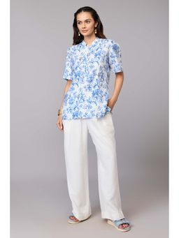 TAMISKA BY NARENDRA KUMAR - Elegant Blue Floral Print Mandarin Collar Top