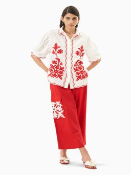 MIRIPRET - Women Red Linen Blend Embroidered Co-Ord Set