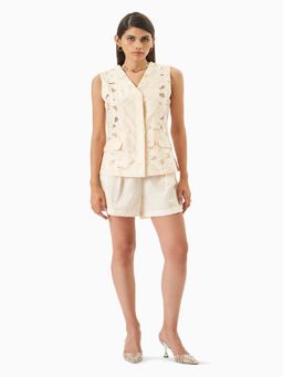 MIRIPRET - Women Ivory Linen Blend Embroidered Co-Ord Set