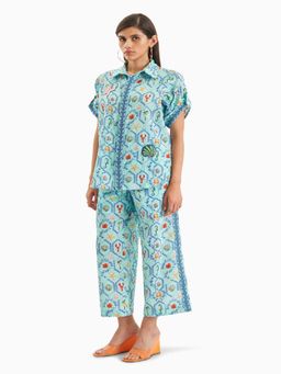 MIRIPRET - Women Blue Linen Blend Embroidered Co-Ord Set