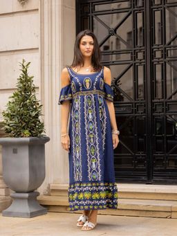 MIRIPRET - Women Navy Blue Linen Blend Embroidered Dress