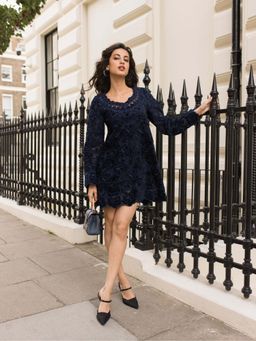 MIRIPRET - Women Blue Cotton Embroidered Dress