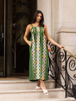 MIRIPRET - Women Green Linen Blend Embroidered Dress