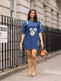 MIRIPRET - Women Blue Denim Embroidered Dress