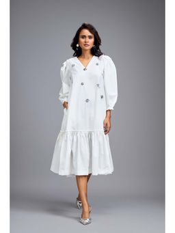 Deepika Arora - Women White Cotton Embellished Dress
