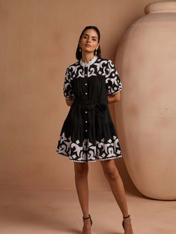 Style Island - Women Black Cotton Self Design Dress