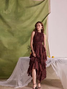 Style Island - Women Brown Cotton Self Design Dress