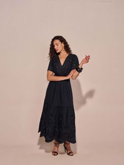 Style Island - Women Black Cotton Self Design Dress