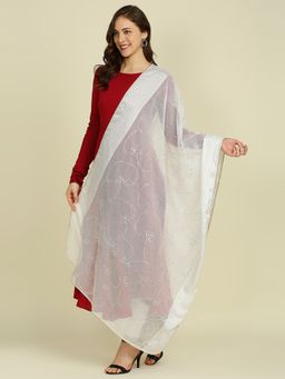 Dupatta Bazaar - Womens White Embroidered Super net Dupatta with Sequin Work