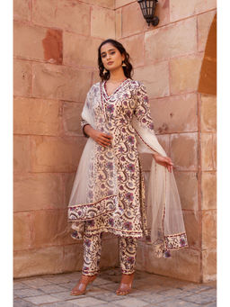 POMCHA - Chhipa Bazar Purple Cream Garden Rose Kurta with Pant and Dupatta (Set of 3)