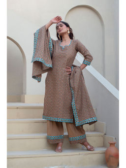POMCHA - Chhipa Bazar Sita Hand Block Brown Kurta with Palazzo and Dupatta (Set of 3)