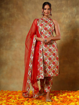 POMCHA - Guzarish Multi-Color Halter Neck Cotton Kurta with Pant and Dupatta (Set of 3)