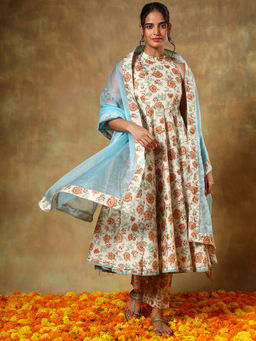 POMCHA - Guzarish Cream Halter Neck Cotton Anarkali Kurta with Pant and Dupatta (Set of 3)