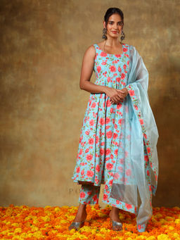POMCHA - Guzarish Blue Floral Anarkali Kurta with Pant and Dupatta (Set of 3)