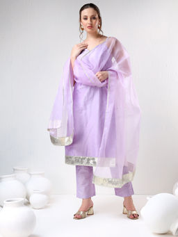 POMCHA - Sadabhar Lilac Cotton Silk Purple Kurta with Pant and Dupatta (Set of 3)