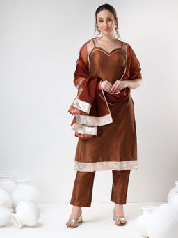 POMCHA - Sadabhar Brown Cotton Silk Kurta with Pant and Dupatta (Set of 3)