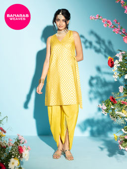 Gajra Gang - Banaras Yellow Brocade Wrap Kurta & Dhoti Pant GGSKD78 (Set of 2)