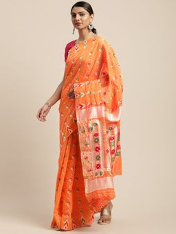 Vastranand - Orange & Red Woven Design Jamdani Saree with Unstitched Blouse
