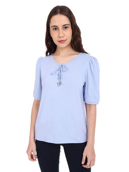 U.S. POLO ASSN. - Women Blue Periwinkle Puff Sleeve Criss-cross Round Neckline Top