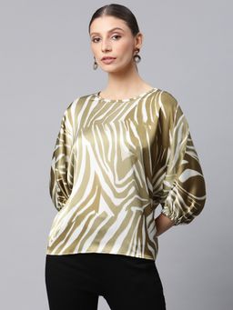 Global Republic - Women Olive Round Neck Satin Top