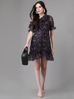 Global Republic - Women Black Printed One Shoulder Dress with Belt (Set of 2)