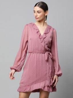 Global Republic - Women Onion Self Design Full Sleeve Dress with Belt (Set of 2)