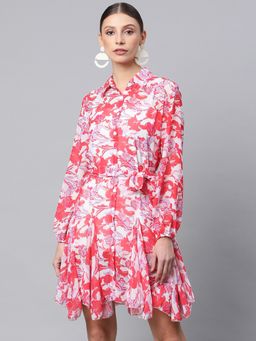 Global Republic - Women Red Collar Neck Full Sleeve Dress with Belt (Set of 2)