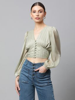 Global Republic - Women Green Balloon Sleeve Crop Top