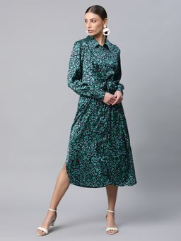 Global Republic - Women Green Full Sleeve Dress with Belt (Set of 2)