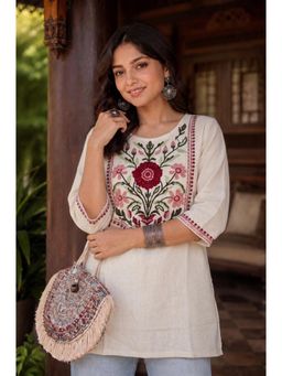 VAIRAGEE - Women'S Cream Floral Embroidered Straight Short Kurti