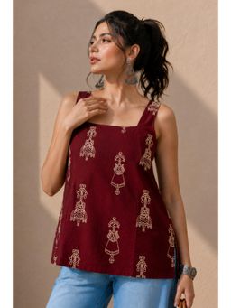 VAIRAGEE - Women'S Maroon Printed Cotton Blend Sleeveless Kurti