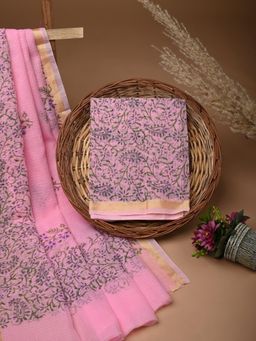 Doria Lifestyle - Pink Handblock Print Kota Doria Unstitched Fabric with Dupatta