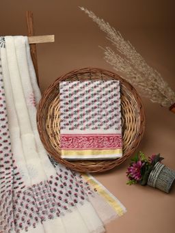 Doria Lifestyle - White White Handblock Golden Border Kota Doria Unstitched Fabric with Dupatta