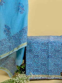 Doria Lifestyle - Blue Handblock Kota Doria Unstitched Fabric with Dupatta