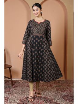 Cotton Culture - Black Traditional Floral Print A-Line Cotton Kurta