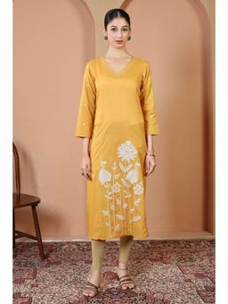 Cotton Culture - Yellow Pure Cotton Floral Embellished A-Line Kurta
