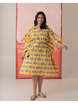 Phutari - Yellow O'fish Hand Block Printed Cotton Midi Kaftan