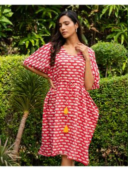 Phutari - Pink Happy Hippos Hand Block Printed Cotton Kaftan