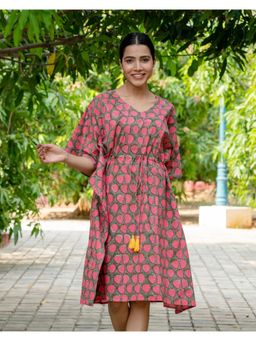 Phutari - Grey Strawberry Hand Block Printed Cotton Midi Kaftan