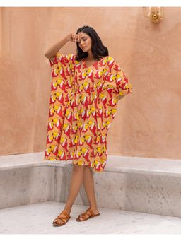 Phutari - Orange Toucan Hand Block Printed Cotton Kaftan