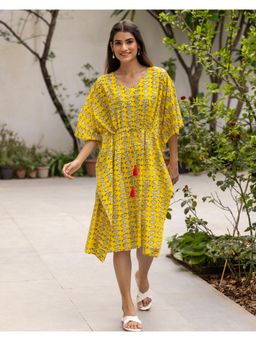 Phutari - Yellow Nazar Battu Hand Block Printed Cotton Midi Kaftan