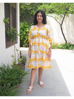 Phutari - Yellow Chehre Hand Block Printed Cotton Midi Kaftan