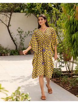 Phutari - Multi-Color Chequer Hand Block Printed Cotton Midi Kaftan