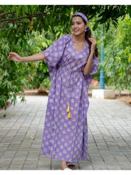 Phutari - Whoopsie Daisy Purple Hand Block Printed Cotton Kaftan