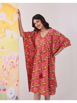 Phutari - Pink Poppy Blush Hand Block Printed Cotton Midi Kaftan